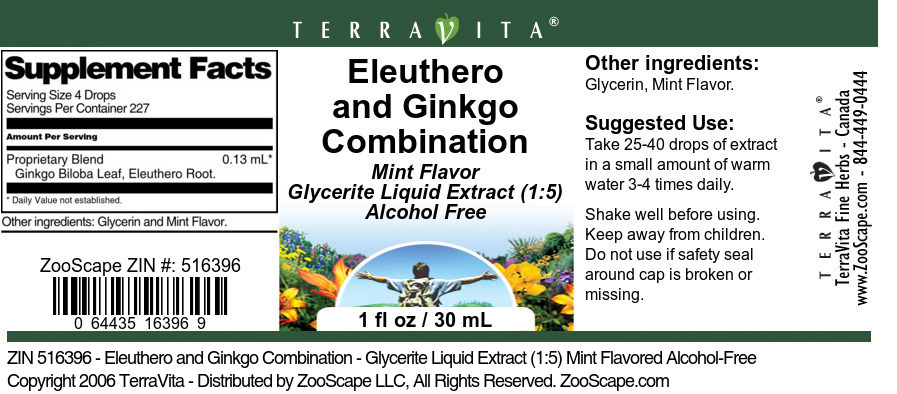Eleuthero and Ginkgo Combination - Glycerite Liquid Extract (1:5) Mint Flavored Alcohol-Free - Label