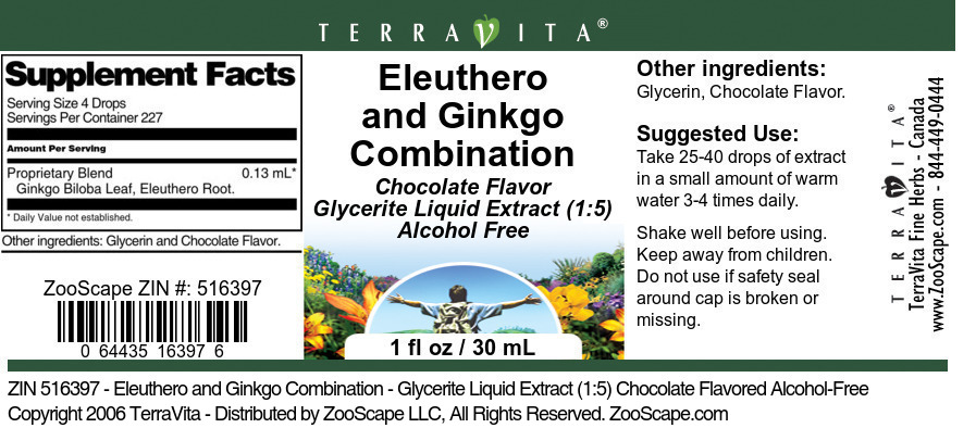 Eleuthero and Ginkgo Combination - Glycerite Liquid Extract (1:5) Chocolate Flavored Alcohol-Free - Label