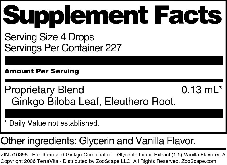 Eleuthero and Ginkgo Combination - Glycerite Liquid Extract (1:5) Vanilla Flavored Alcohol-Free - Supplement / Nutrition Facts