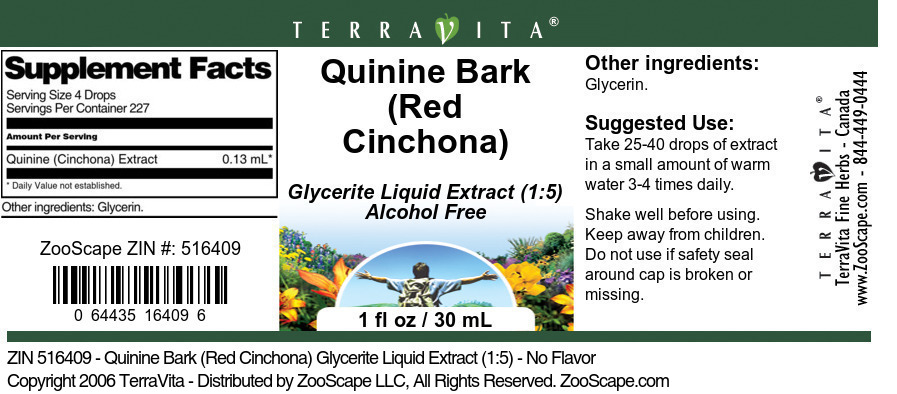 Quinine Bark (Red Cinchona) Glycerite Liquid Extract (1:5) - Label