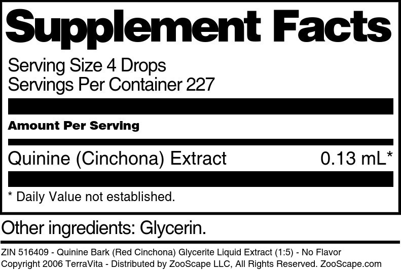 Quinine Bark (Red Cinchona) Glycerite Liquid Extract (1:5) - Supplement / Nutrition Facts