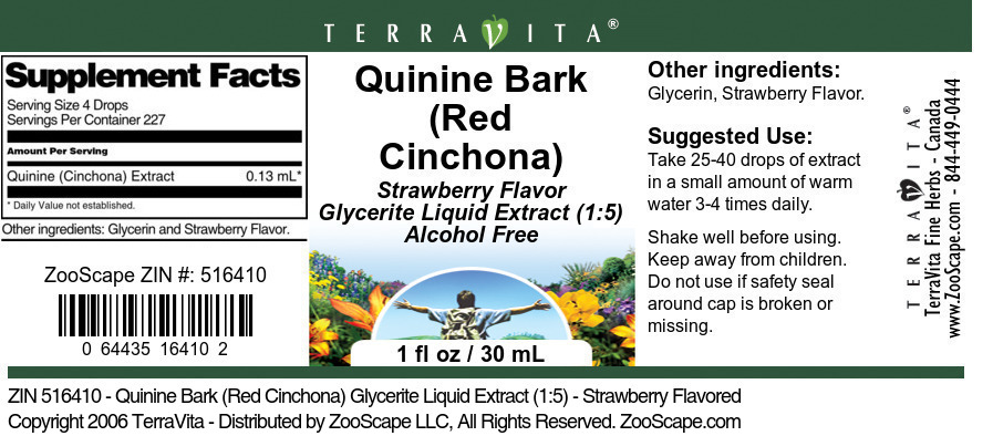 Quinine Bark (Red Cinchona) Glycerite Liquid Extract (1:5) - Label