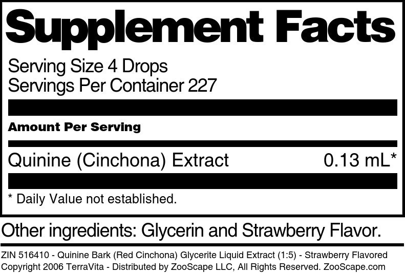 Quinine Bark (Red Cinchona) Glycerite Liquid Extract (1:5) - Supplement / Nutrition Facts