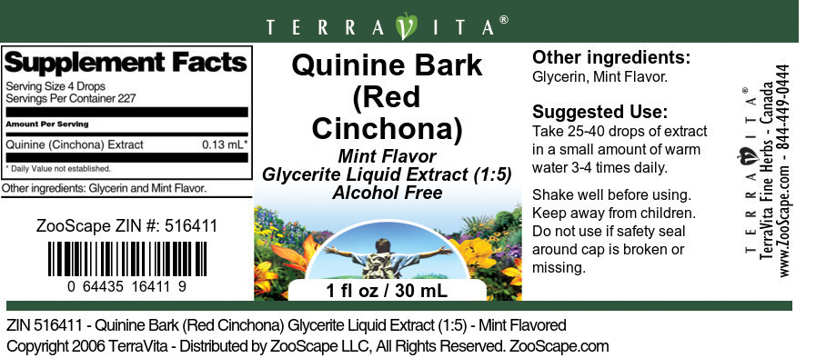 Quinine Bark (Red Cinchona) Glycerite Liquid Extract (1:5) - Label