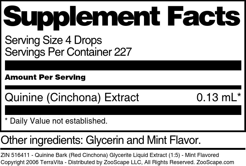 Quinine Bark (Red Cinchona) Glycerite Liquid Extract (1:5) - Supplement / Nutrition Facts