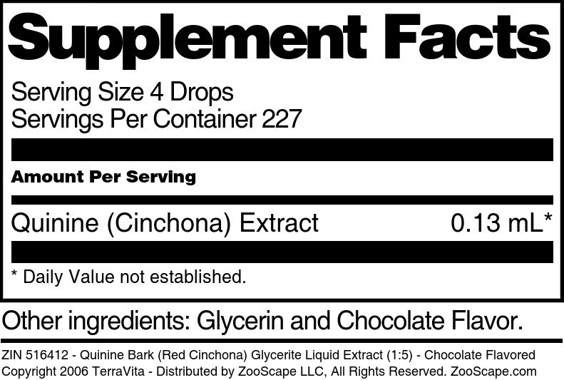 Quinine Bark (Red Cinchona) Glycerite Liquid Extract (1:5) - Supplement / Nutrition Facts