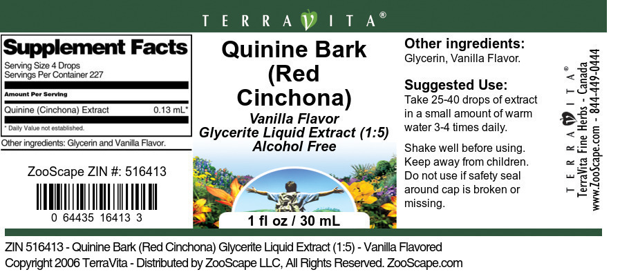 Quinine Bark (Red Cinchona) Glycerite Liquid Extract (1:5) - Label