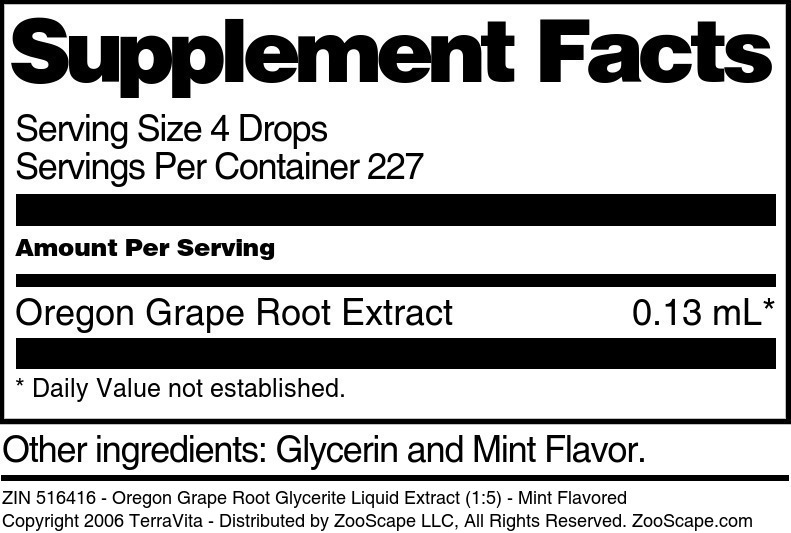 Oregon Grape Root Glycerite Liquid Extract (1:5) - Supplement / Nutrition Facts