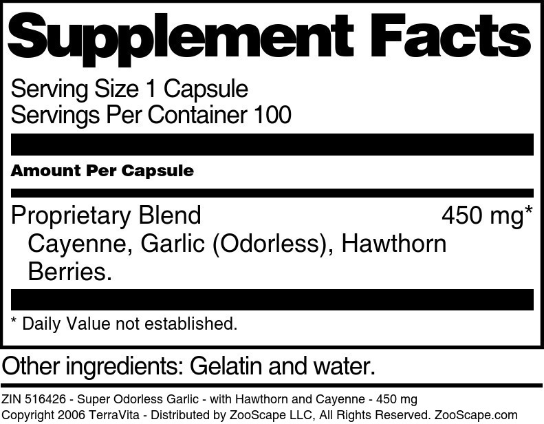 Super Odorless Garlic - with Hawthorn and Cayenne - 450 mg - Supplement / Nutrition Facts