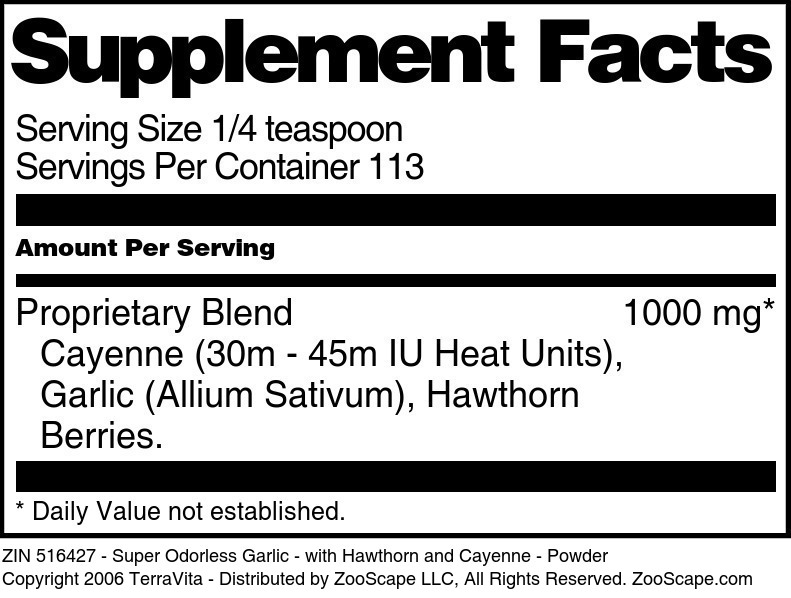 Super Odorless Garlic - with Hawthorn and Cayenne - Powder - Supplement / Nutrition Facts