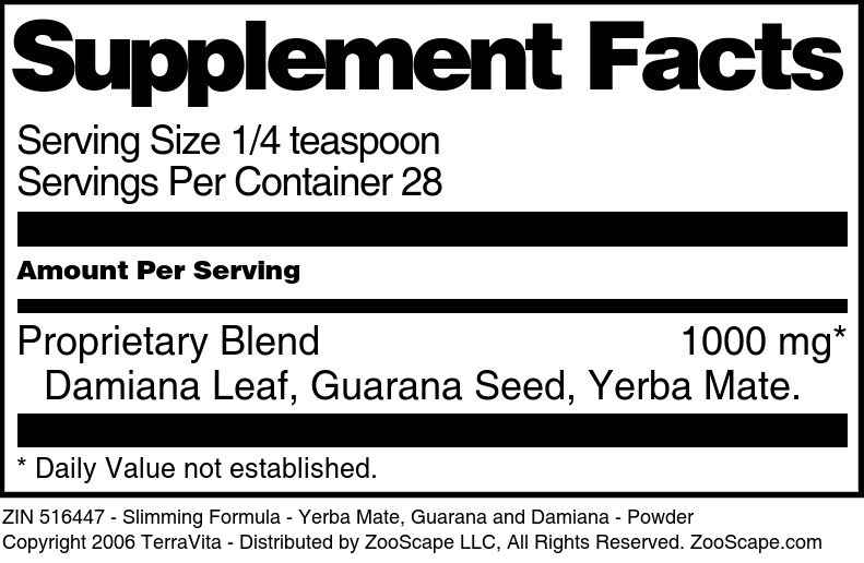 Slimming Formula - Yerba Mate, Guarana and Damiana - Powder - Supplement / Nutrition Facts
