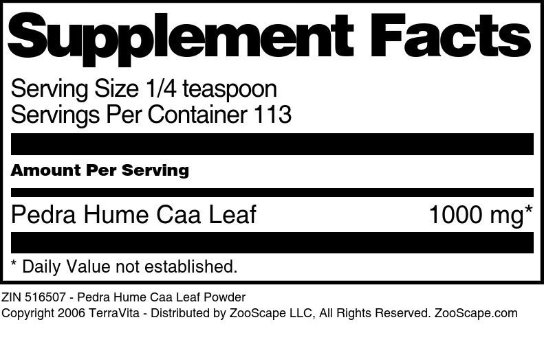 Pedra Hume Caa Leaf Powder - Supplement / Nutrition Facts