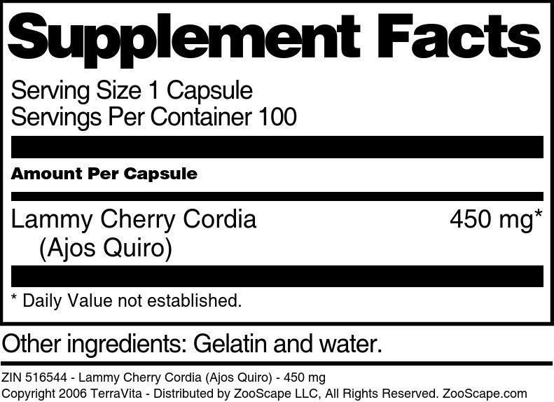 Lammy Cherry Cordia (Ajos Quiro) - 450 mg - Supplement / Nutrition Facts