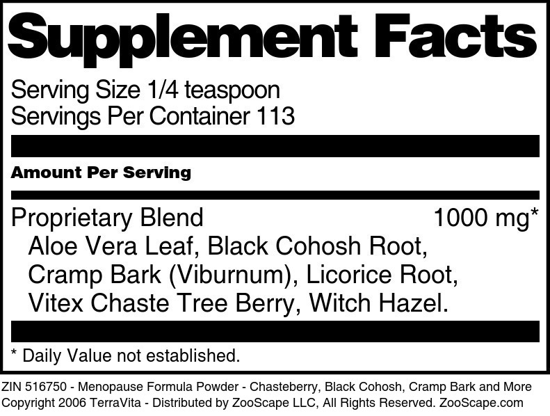 Menopause Formula Powder - Chasteberry, Black Cohosh, Cramp Bark and More - Supplement / Nutrition Facts