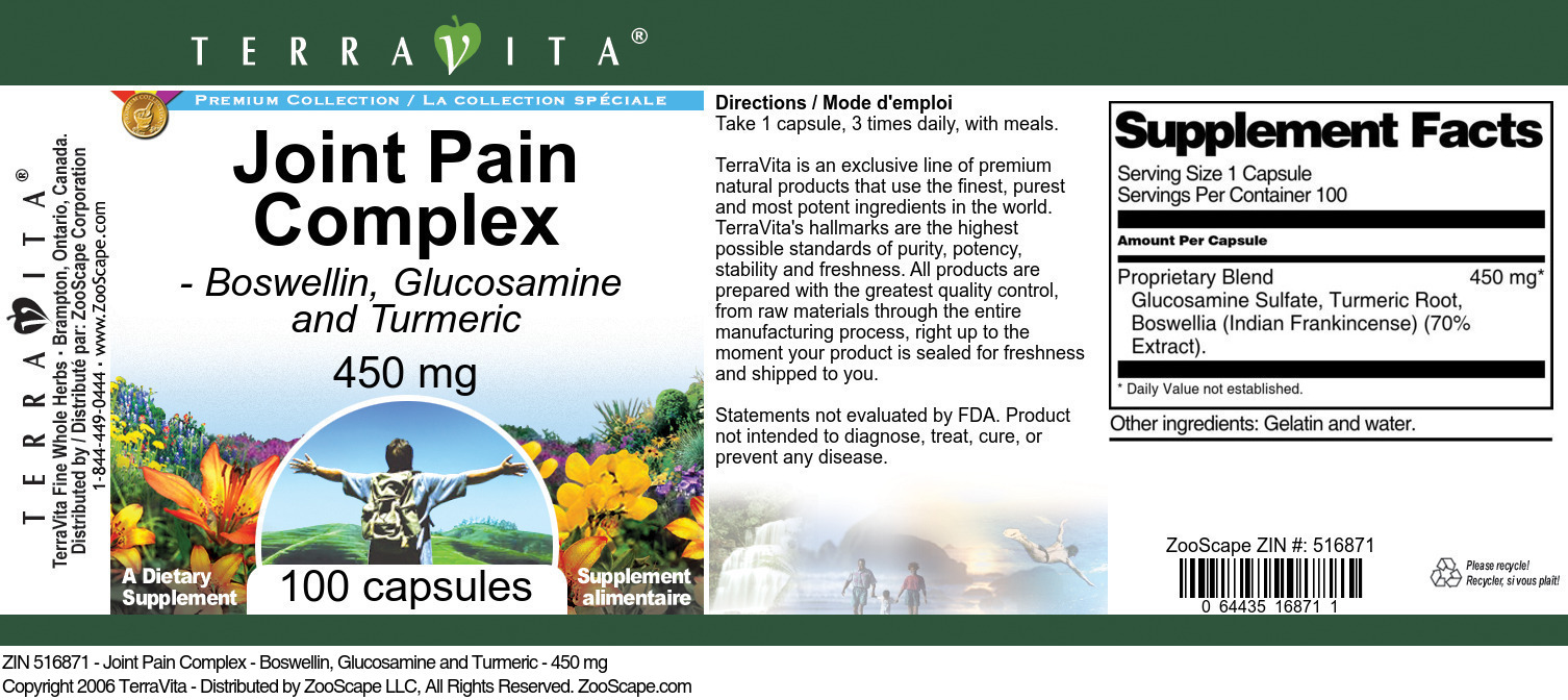 Joint Pain Complex - Boswellin, Glucosamine and Turmeric - 450 mg - Label
