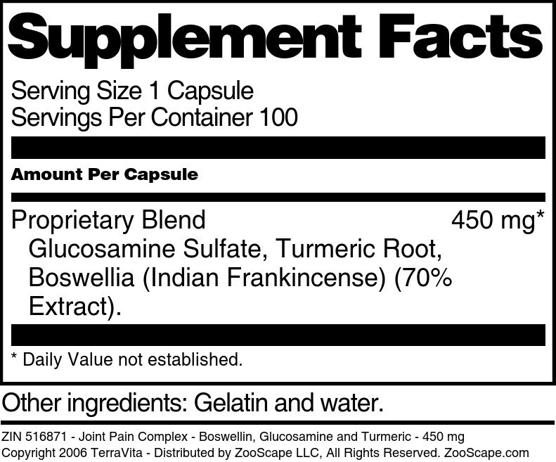 Joint Pain Complex - Boswellin, Glucosamine and Turmeric - 450 mg - Supplement / Nutrition Facts