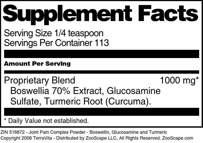 Joint Pain Complex Powder - Boswellin, Glucosamine and Turmeric - Supplement / Nutrition Facts