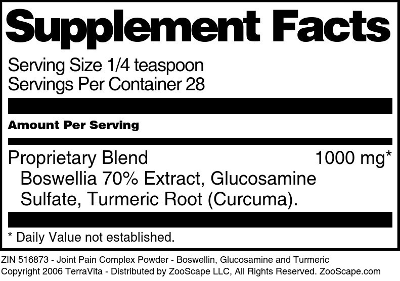 Joint Pain Complex Powder - Boswellin, Glucosamine and Turmeric - Supplement / Nutrition Facts