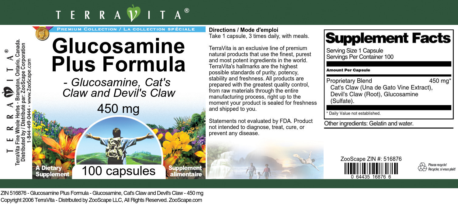 Glucosamine Plus Formula - Glucosamine, Cat's Claw and Devil's Claw - 450 mg - Label