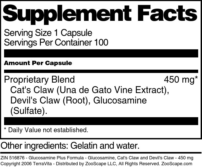 Glucosamine Plus Formula - Glucosamine, Cat's Claw and Devil's Claw - 450 mg - Supplement / Nutrition Facts
