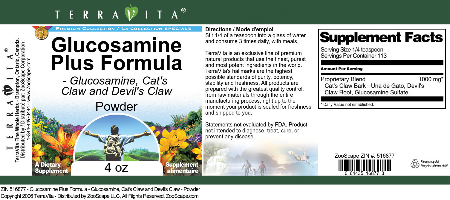 Glucosamine Plus Formula - Glucosamine, Cat's Claw and Devil's Claw - Powder - Label