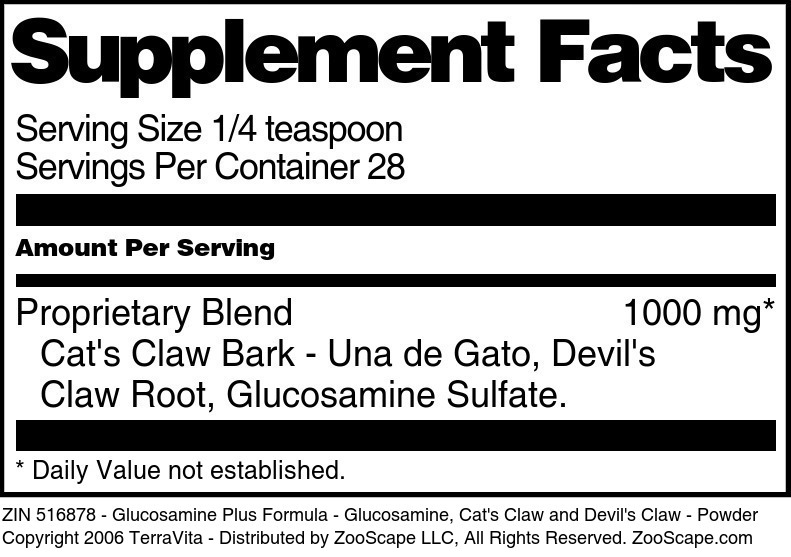 Glucosamine Plus Formula - Glucosamine, Cat's Claw and Devil's Claw - Powder - Supplement / Nutrition Facts