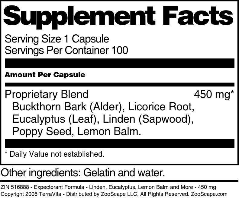 Expectorant Formula - Linden, Eucalyptus, Lemon Balm and More - 450 mg - Supplement / Nutrition Facts