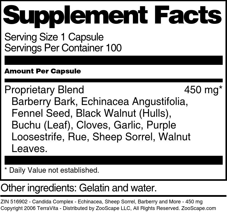 Candida Complex - Echinacea, Sheep Sorrel, Barberry and More - 450 mg - Supplement / Nutrition Facts