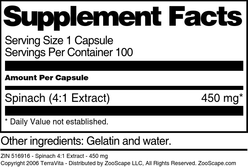 Spinach 4:1 Extract - 450 mg - Supplement / Nutrition Facts