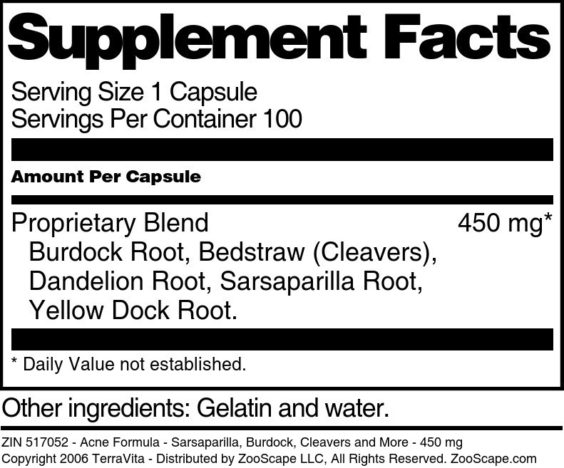 Acne Formula - Sarsaparilla, Burdock, Cleavers and More - 450 mg - Supplement / Nutrition Facts