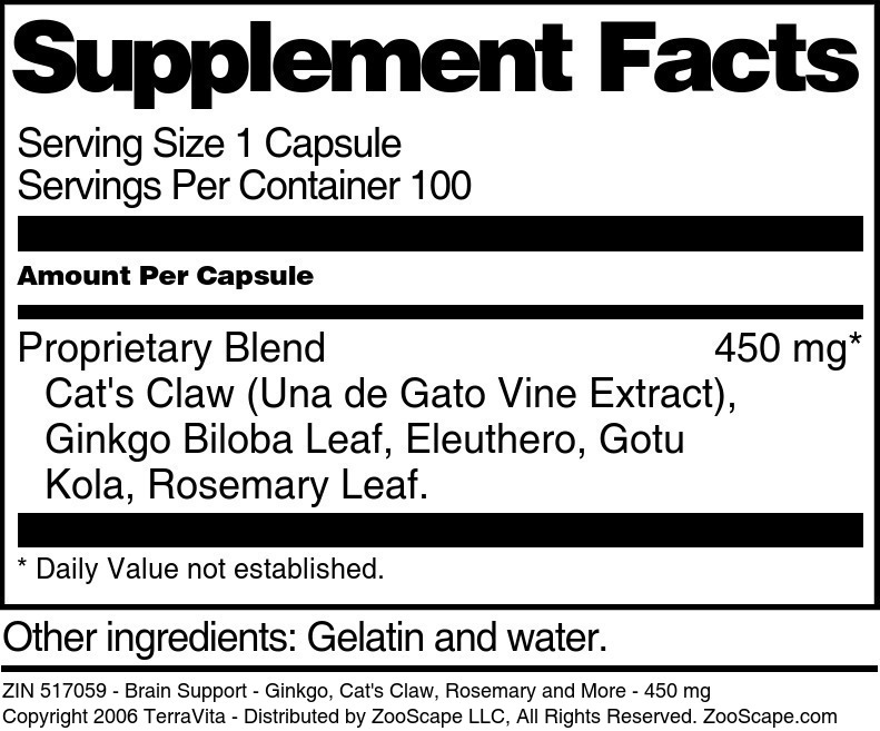 Brain Support - Ginkgo, Cat's Claw, Rosemary and More - 450 mg - Supplement / Nutrition Facts