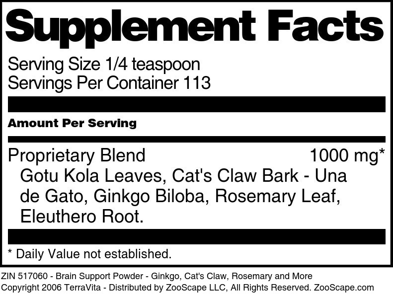 Brain Support Powder - Ginkgo, Cat's Claw, Rosemary and More - Supplement / Nutrition Facts