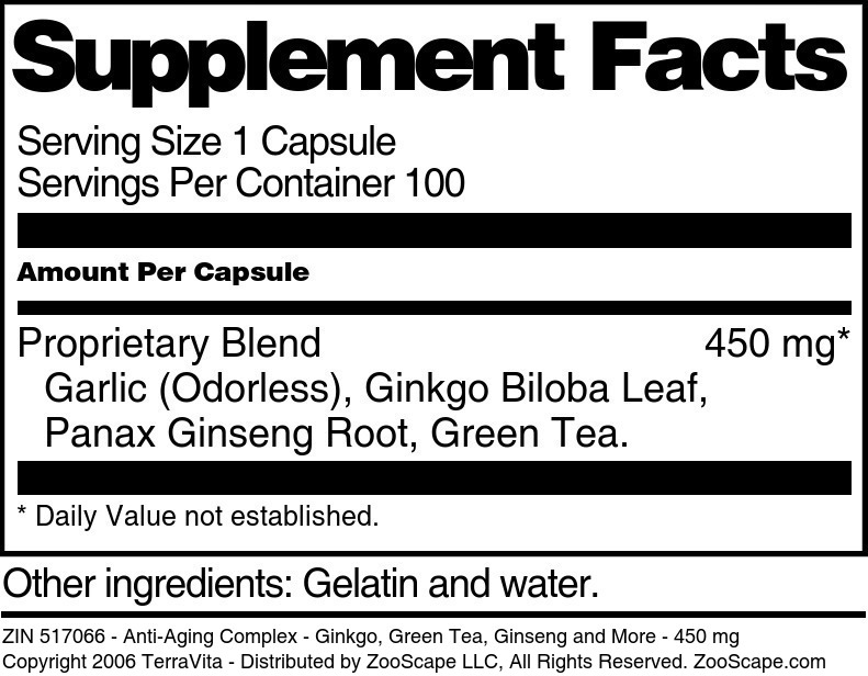 Anti-Aging Complex - Ginkgo, Green Tea, Ginseng and More - 450 mg - Supplement / Nutrition Facts