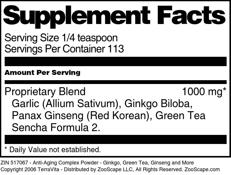 Anti-Aging Complex Powder - Ginkgo, Green Tea, Ginseng and More - Supplement / Nutrition Facts