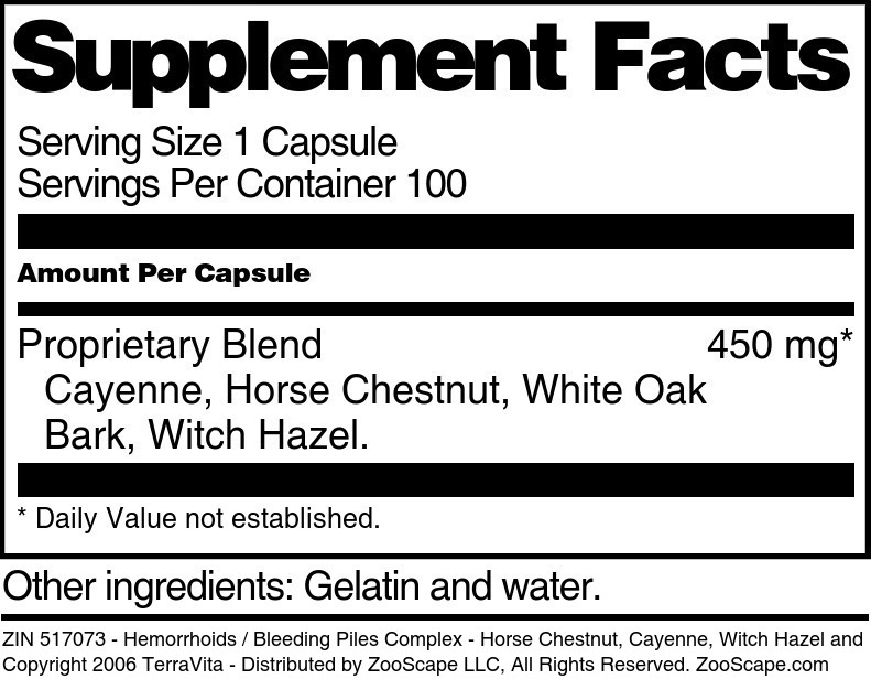 Hemorrhoids / Bleeding Piles Complex - Horse Chestnut, Cayenne, Witch Hazel and More - 450 mg - Supplement / Nutrition Facts