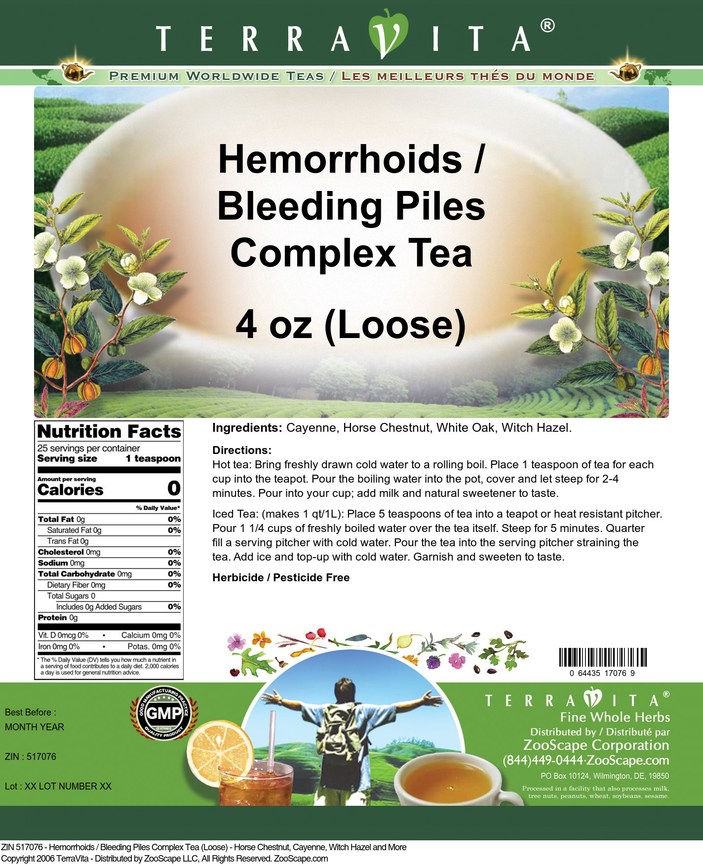 Hemorrhoids / Bleeding Piles Complex Tea (Loose) - Horse Chestnut, Cayenne, Witch Hazel and More - Label