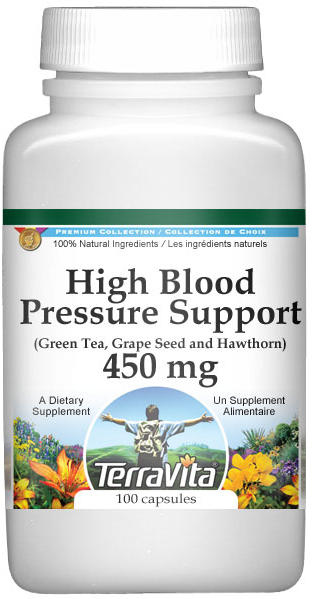 High Blood Pressure Support - Green Tea, Grape Seed and Hawthorn - 450 mg