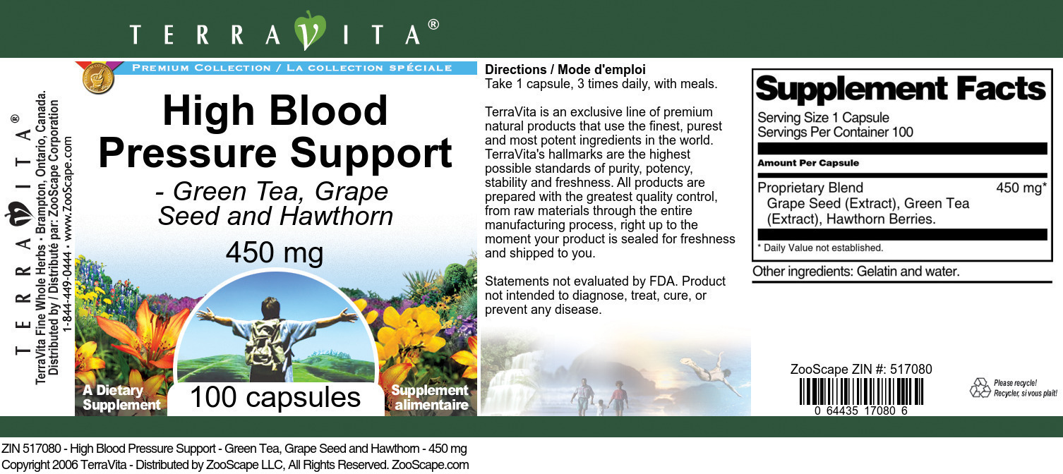 High Blood Pressure Support - Green Tea, Grape Seed and Hawthorn - 450 mg - Label