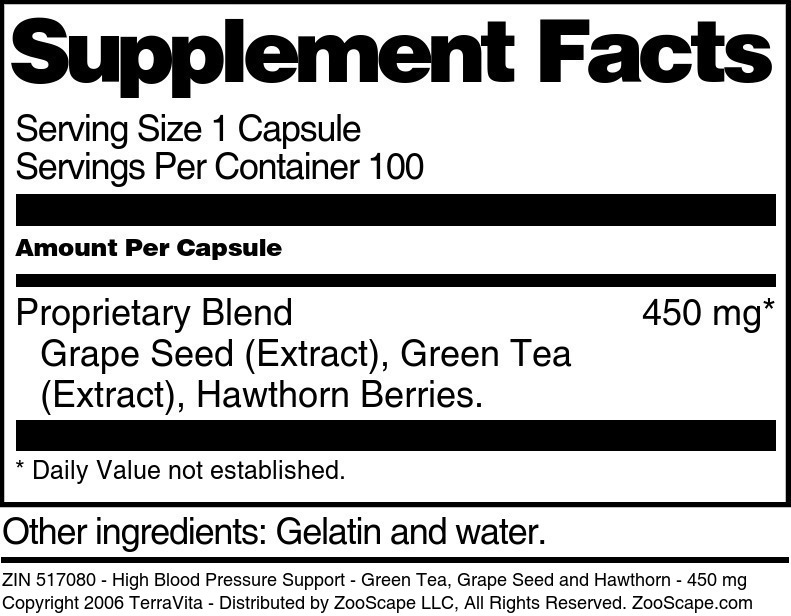 High Blood Pressure Support - Green Tea, Grape Seed and Hawthorn - 450 mg - Supplement / Nutrition Facts