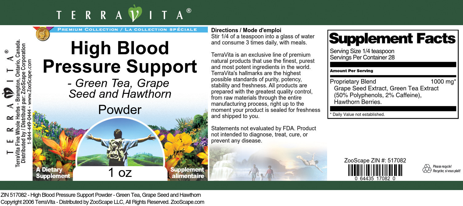 High Blood Pressure Support Powder - Green Tea, Grape Seed and Hawthorn - Label