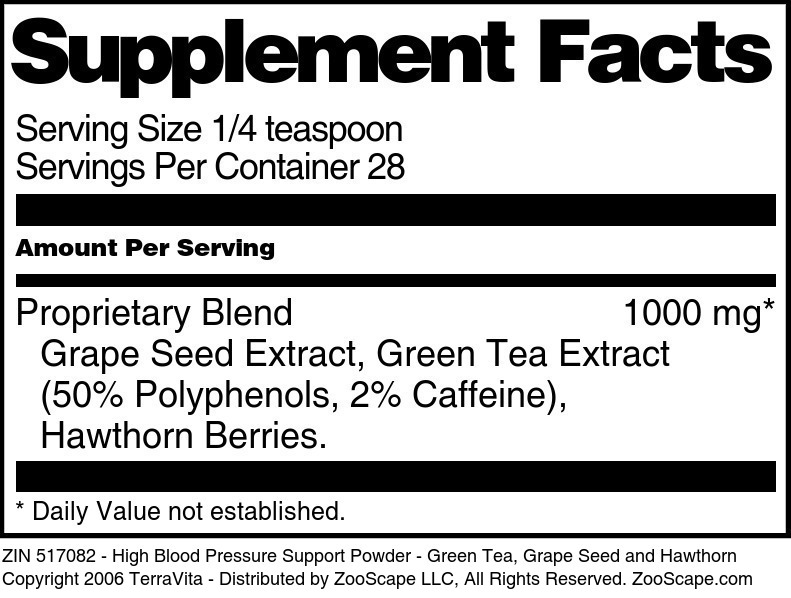 High Blood Pressure Support Powder - Green Tea, Grape Seed and Hawthorn - Supplement / Nutrition Facts
