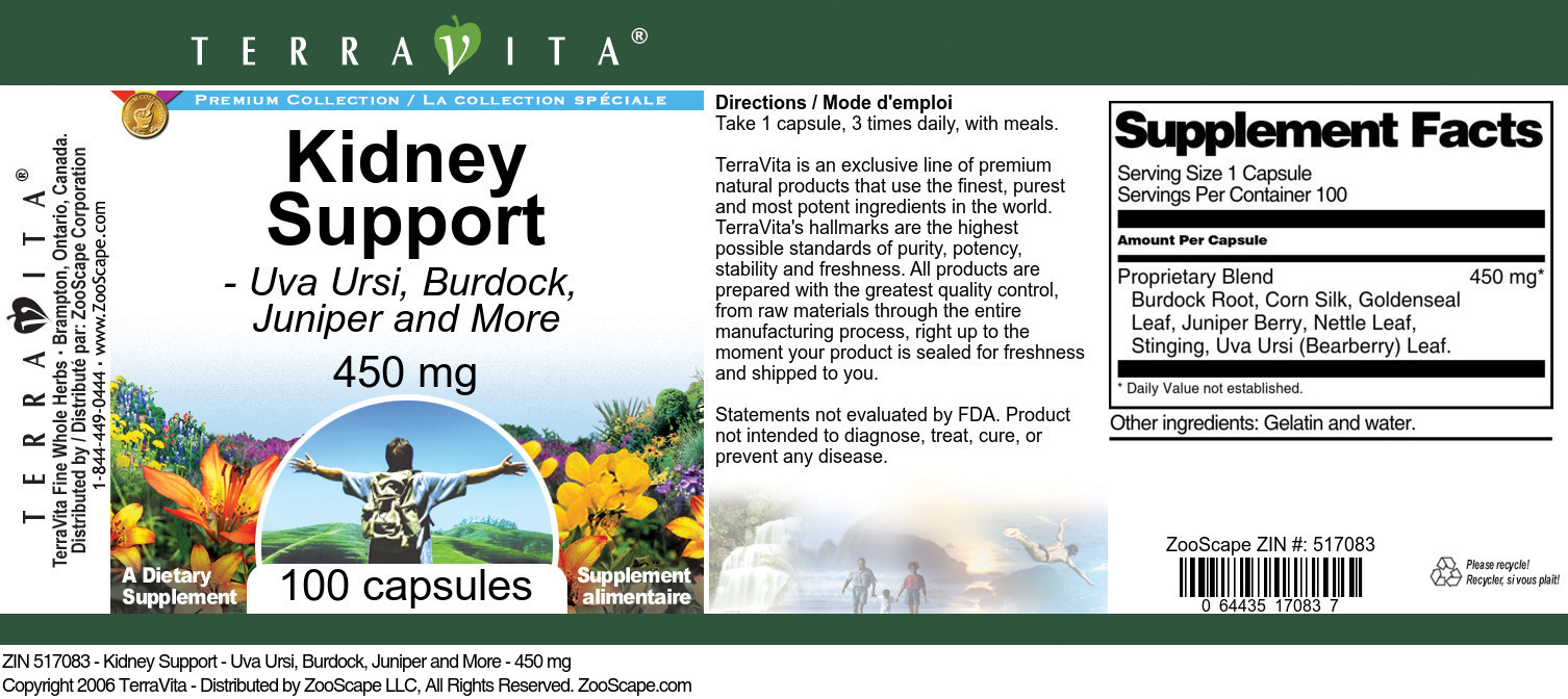 Kidney Support - Uva Ursi, Burdock, Juniper and More - 450 mg - Label