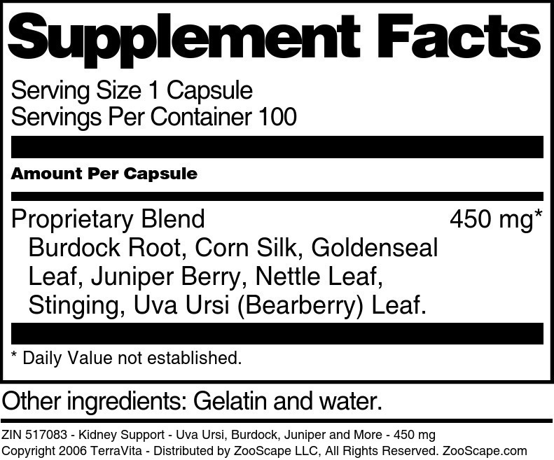 Kidney Support - Uva Ursi, Burdock, Juniper and More - 450 mg - Supplement / Nutrition Facts