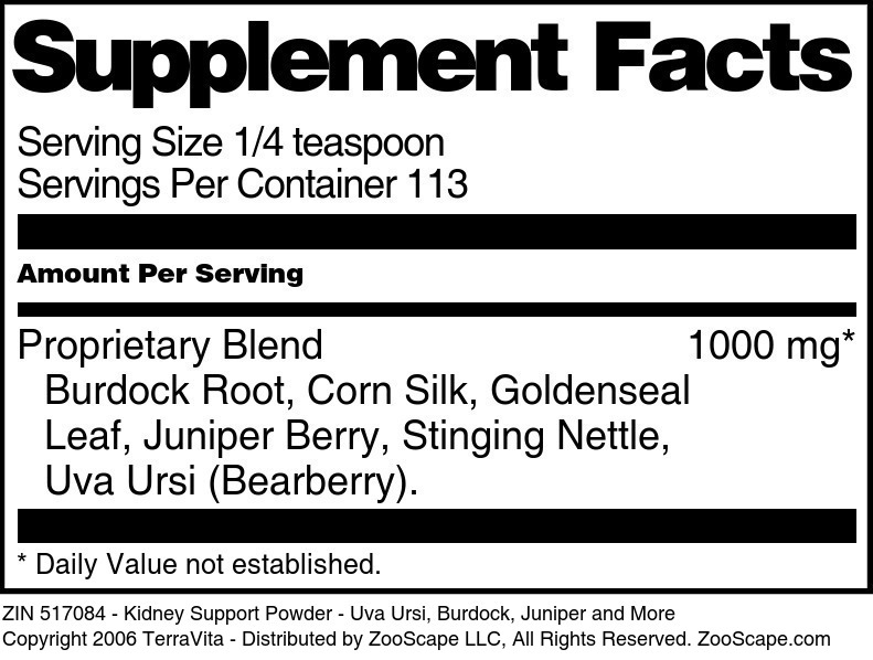 Kidney Support Powder - Uva Ursi, Burdock, Juniper and More - Supplement / Nutrition Facts