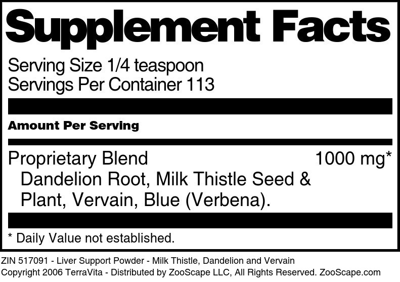 Liver Support Powder - Milk Thistle, Dandelion and Vervain - Supplement / Nutrition Facts