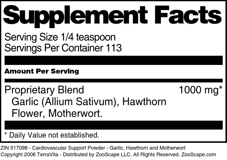 Cardiovascular Support Powder - Garlic, Hawthorn and Motherwort - Supplement / Nutrition Facts