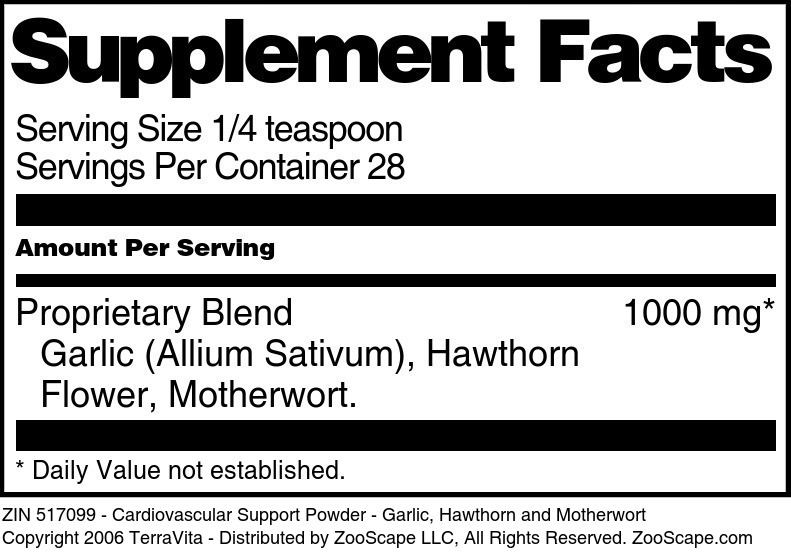 Cardiovascular Support Powder - Garlic, Hawthorn and Motherwort - Supplement / Nutrition Facts