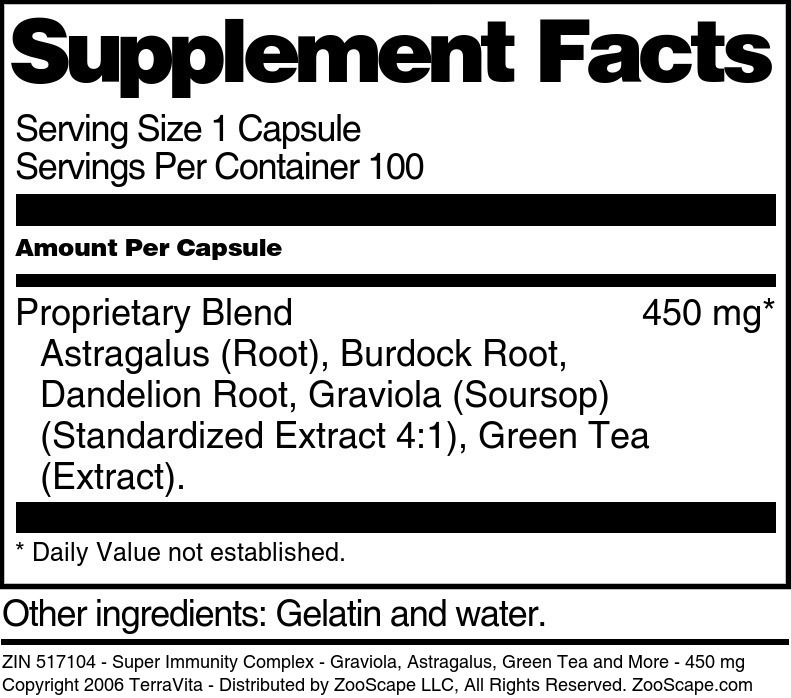 Super Immunity Complex - Graviola, Astragalus, Green Tea and More - 450 mg - Supplement / Nutrition Facts