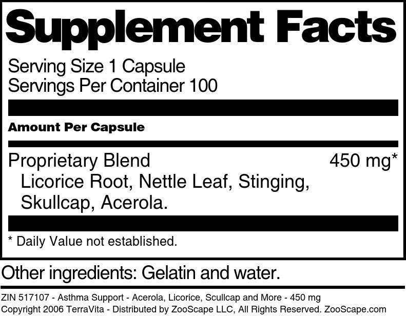 Asthma Support - Acerola, Licorice, Scullcap and More - 450 mg - Supplement / Nutrition Facts