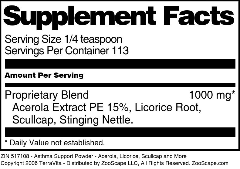 Asthma Support Powder - Acerola, Licorice, Scullcap and More - Supplement / Nutrition Facts